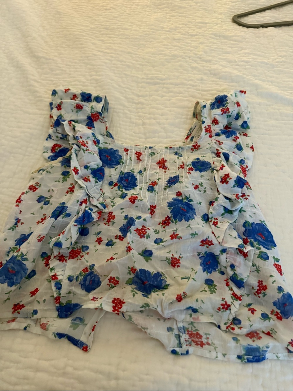 LoveShackFancy White Floral Ruffle Tank with Blue & Red Flowers